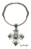 Cross Pendant of etched Sterling Silver set with 6 Turquoise stones including the bail. With unique hand made Sterling chain.