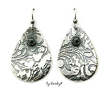 Sterling Silver Etched Teardrop shaped earrings with hematite stone