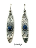 Sterling Silver Oblong shaped and Etched Earrings with 6mm Lapis Lazuli Stones on Sterling Silver earwires
