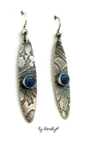 Sterling Silver Oblong shaped and Etched Earrings with 6mm Lapis Lazuli Stones on Sterling Silver earwires