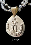 Lucky Horseshoe Concho Pendant with Cubic Zirconia on brass back plate on crystal chain