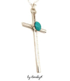 Sterling Silver Stamped Cross with Turquoise Pendant on sterling rolo chain