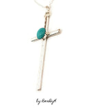 Sterling Silver Stamped Cross with Turquoise Pendant on sterling rolo chain