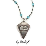 Original design by BeaDyK Sterling Silver Kite Shaped "Pillow" pendant with Cubic Zirconia's on a 22 inch Czech glass chain
