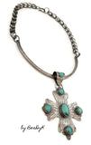Cross Pendant of etched Sterling Silver set with 6 Turquoise stones including the bail. With unique hand made Sterling chain.