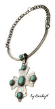 Cross Pendant of etched Sterling Silver set with 6 Turquoise stones including the bail. With unique hand made Sterling chain.