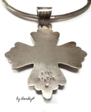 Cross Pendant of etched Sterling Silver set with 6 Turquoise stones including the bail. With unique hand made Sterling chain.