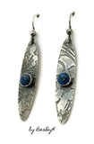 Sterling Silver Oblong shaped and Etched Earrings with 6mm Lapis Lazuli Stones on Sterling Silver earwires